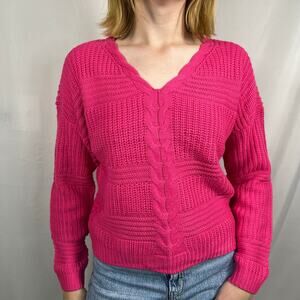 FCT With Love Hot Pink V-Neck Sweater with Lace-Up Back Size Medium